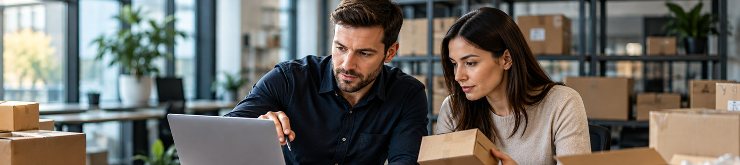 Illustration of two people planning online retail with boxes and a laptop