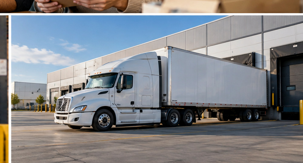 Illustrative white unbranded freight truck outside a commercial distribution building