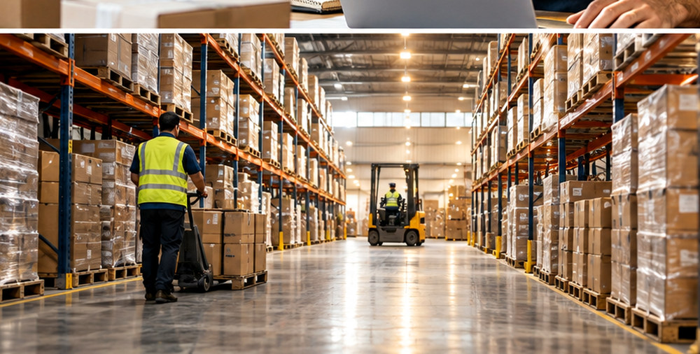 Illustrative warehouse photo with an unbranded worker and inventory racks
